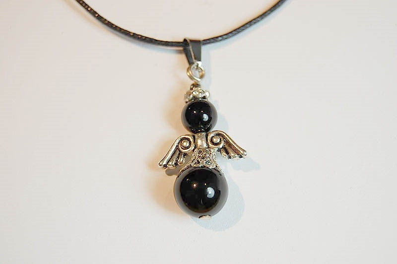 Hanger Obsidiaan Engel aan Koord - Zwart/Zilver - 4x2cm