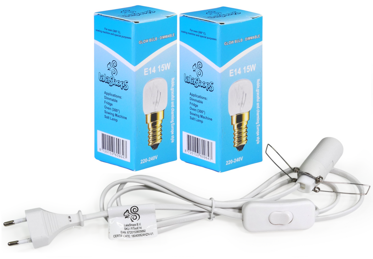 E14 Fitting, Kabel 1.8mtr, 2x gloeilamp (o.a. voor Zoutlamp) - Inc Aan/Uit Schakelaar - LalaShops