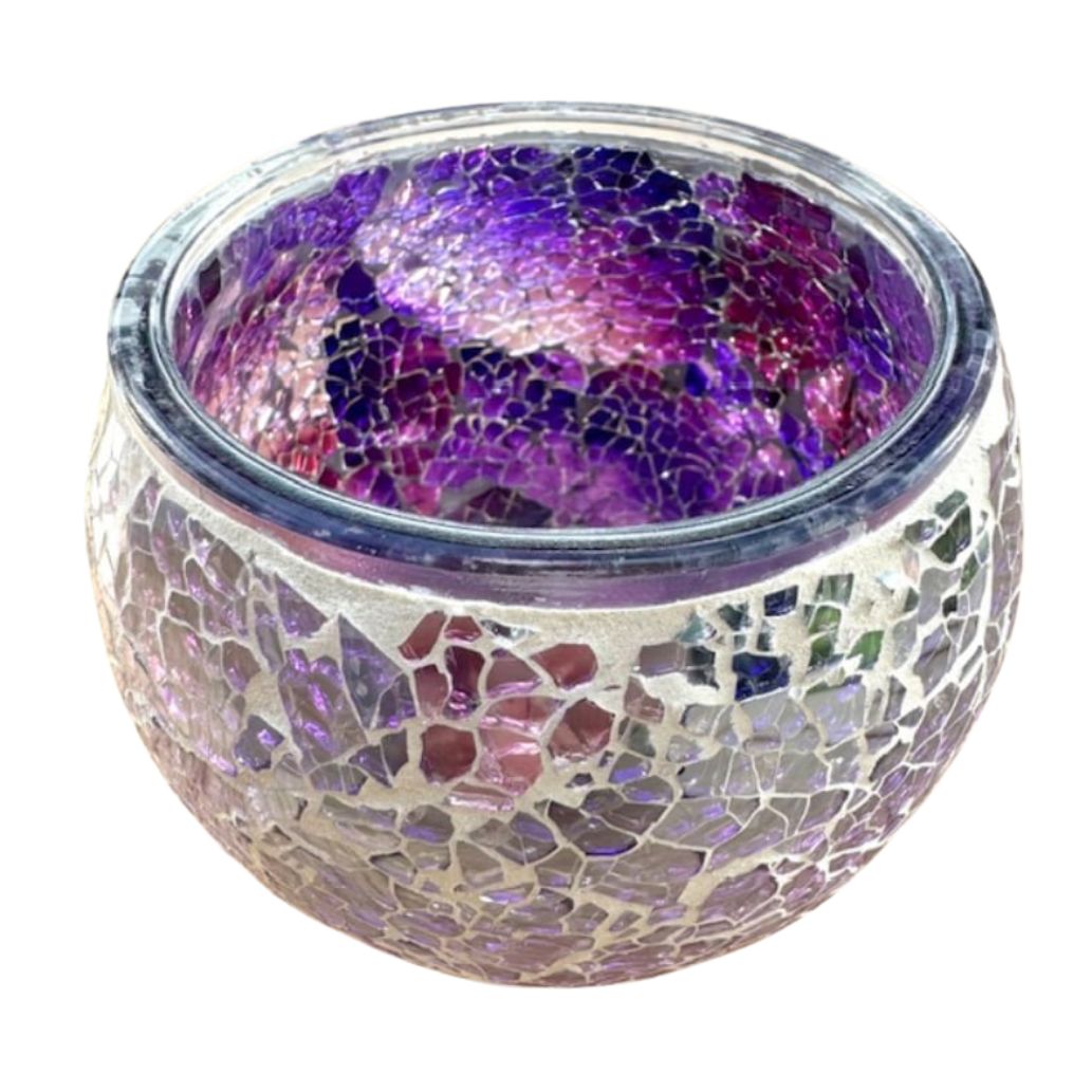 Handgemaakte paars/zilver mozaïek theelichthouder geschikt voor theelichtjes en waxinelichtjes, 11x11x9 cm
