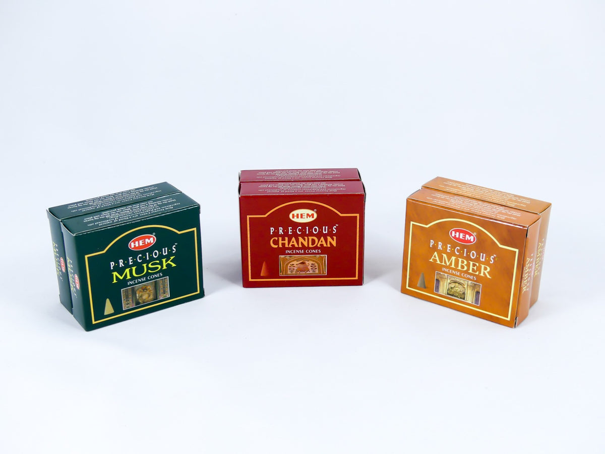 HEM Wierook Set - Kegels / Cones - Indiase Sandelhout - Amber - Musk / Chandan - Amber - Musk - (Precious)