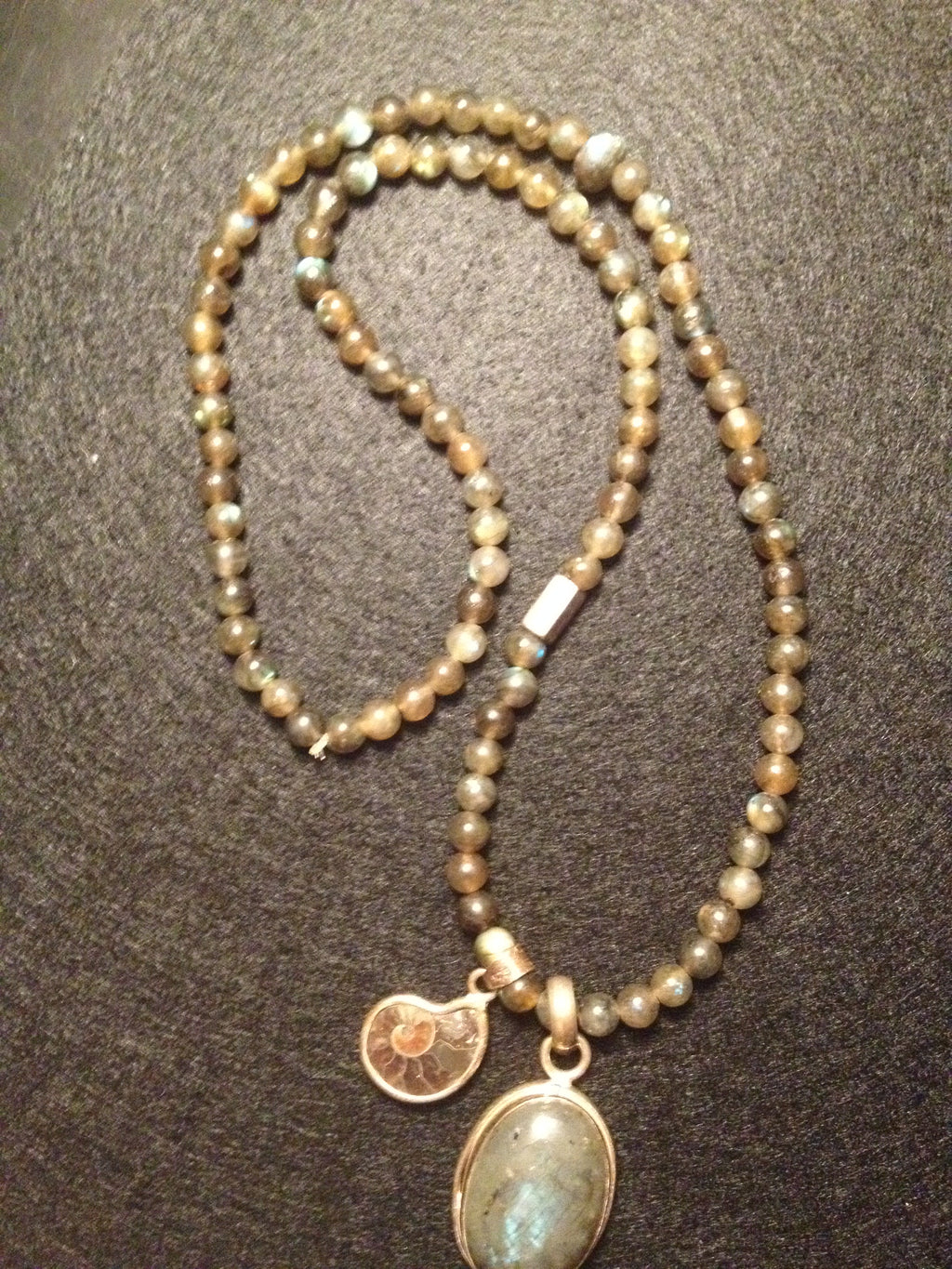 Labradoriet hanger met fossiel aan Labradoriet ketting (Handgemaakt)