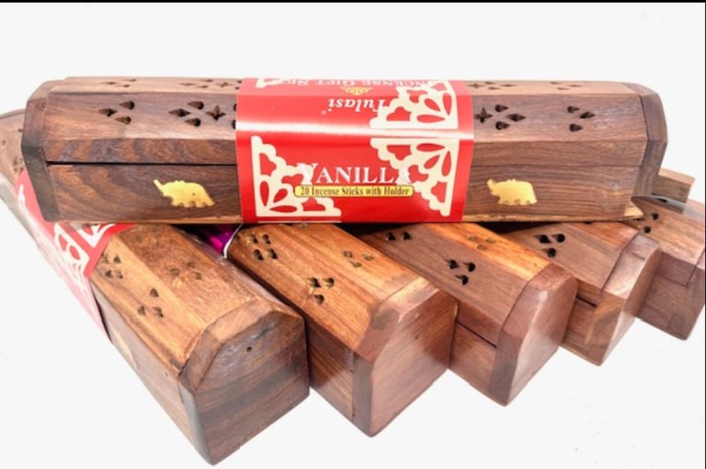 Houten wierook gift set met decoratieve kist en 20 Vanilla wierookstokjes, 30x5,5x5 cm, met messing olifant-inlay, luxe cadeau
