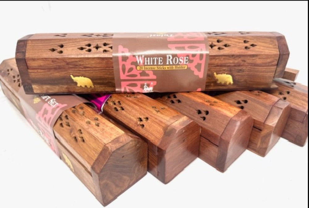 Houten wierook gift set met decoratieve kist en 20 White Rose wierookstokjes, 30x5,5x5 cm, met messing olifant-inlay, luxe cadeau
