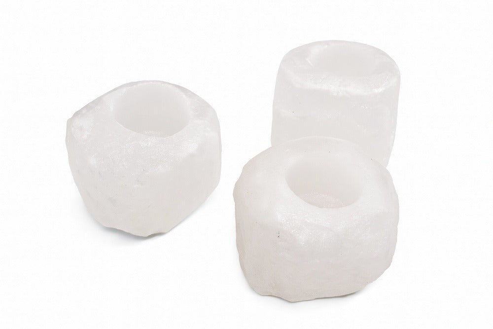 Witte haliet Himalaya zout theelichthouder 0,6–1 kg.
