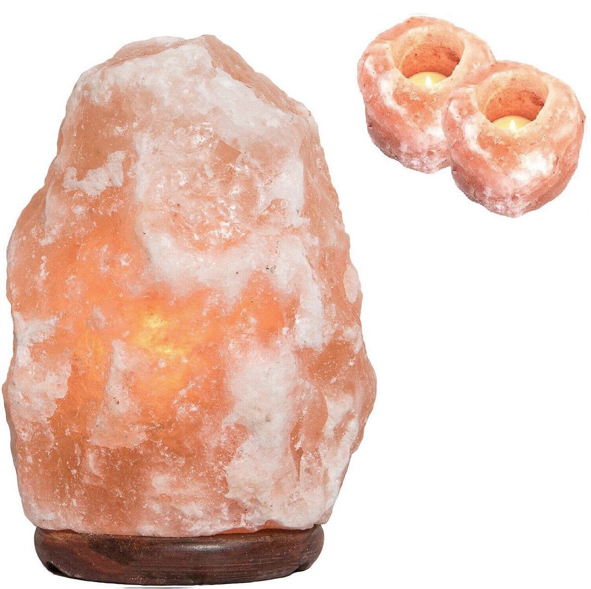 Zoutlamp met DIMMER 2-4kg (inc. 2 gloeilampjes) + 2x Waxinelichthouder Himalaya Zout - Lamp ca. 20x12cm - Theelichthouders  1-1.5kg
