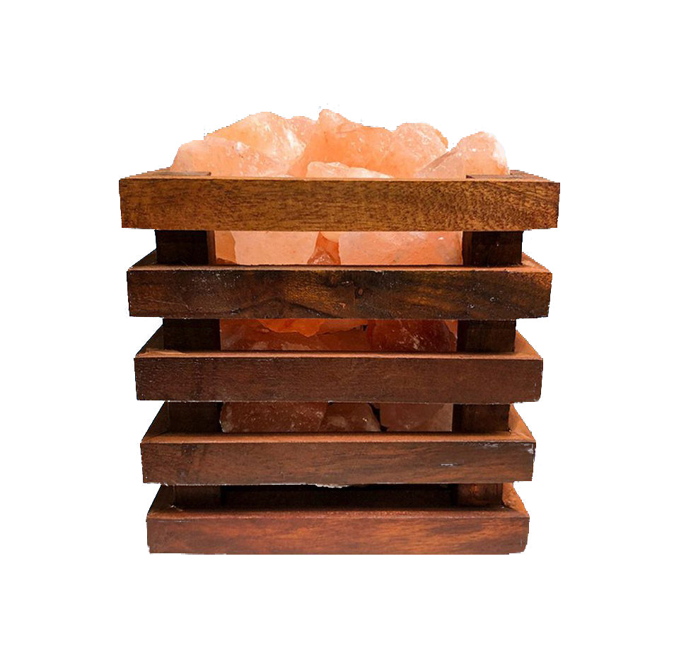 Zoutlamp - Himalaya Zoutstenen - Houten Korfje  - Vierkant 