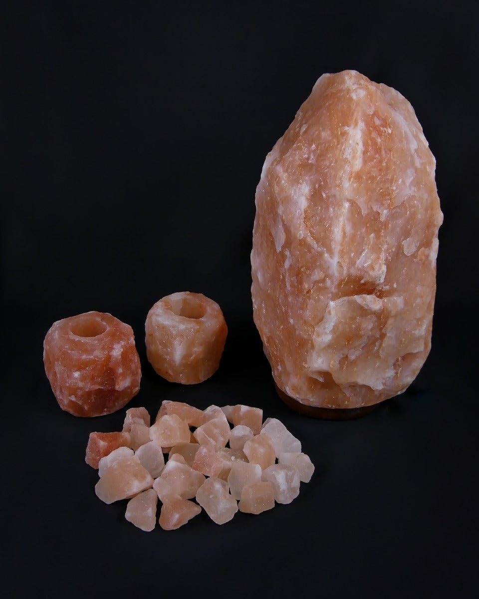 Himalaya Zoutsteen Set - Zoutlamp 15-20kg, 2x Waxinelichthouders Groot 1-1,5kg 10x8cm, Brokken Badzout 1kg