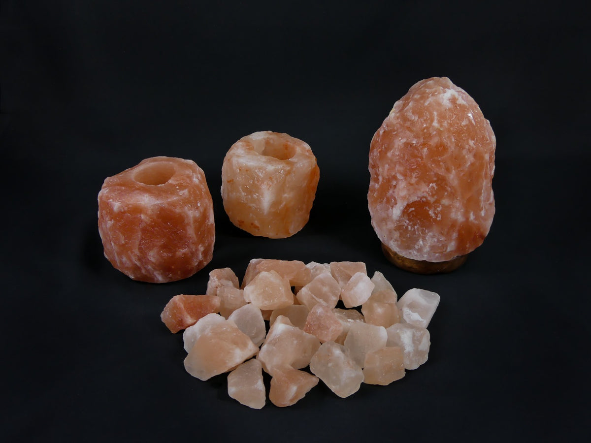 Himalaya Zoutsteen Set - Zoutlamp 2-4kg, 2x Waxinelichthouders Groot 1-1,5kg 10x8cm, Brokken Badzout 1kg