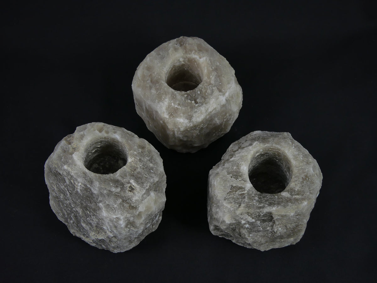 3x Waxinelichthouder / Theelichthouder Zoutsteen - ZWART - Groot 1-1,5kg 10x8cm