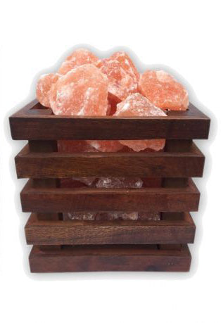 Zoutlamp - Himalaya Zoutstenen - Houten Korfje  - Vierkant 