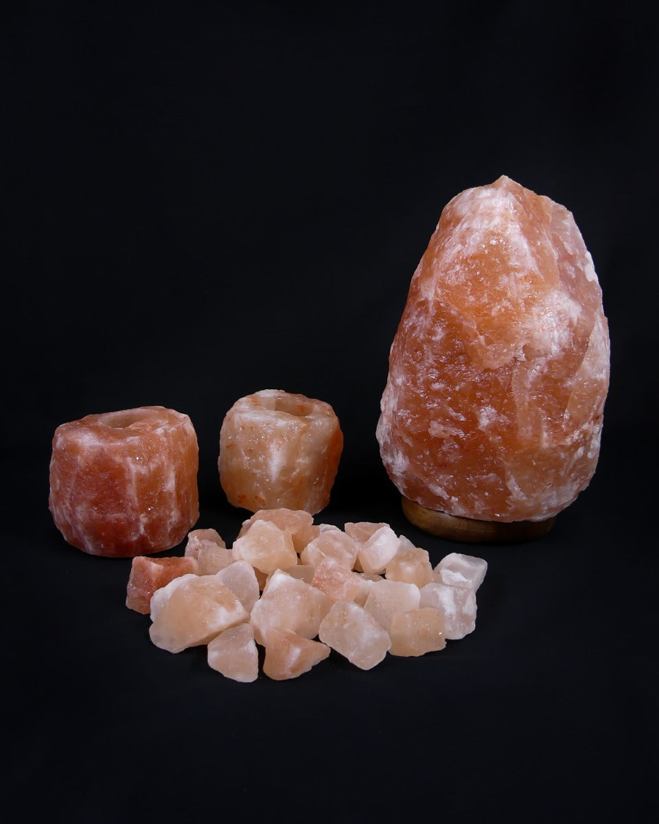 Himalaya Zoutsteen Set - Zoutlamp 8-10kg, 2x Waxinelichthouders Groot 1-1,5kg 10x8cm, Brokken Badzout 1kg
