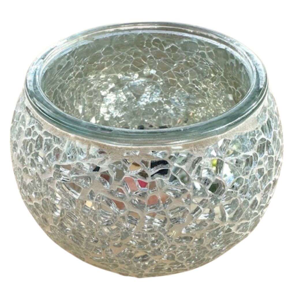 Handgemaakte zilver/grijs mozaïek theelichthouder 370 gram voor theelichtjes en waxinelichtjes, 11x11x9 cm
