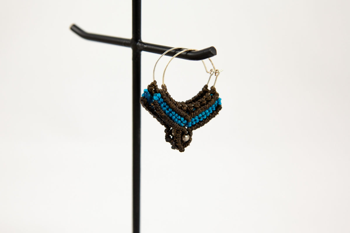Macramé Oorringen - Donker Bruin / Turquoise Blauw - Handgemaakt van duurzaam Waxed Polyester - Model 21