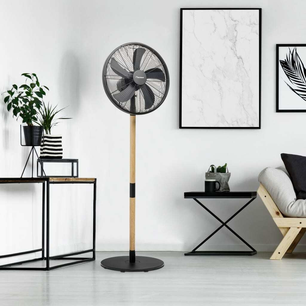 Bestron Statiefventilator met 3 snelheidsstanden, Retro Look, ventilator met 80° draaifunctie & stijlvol hout design, Ø 45 cm