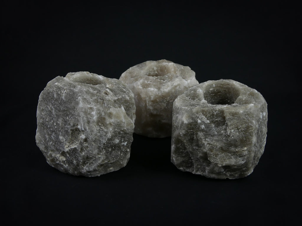3x Waxinelichthouder / Theelichthouder Zoutsteen - ZWART - Groot 1-1,5kg 10x8cm