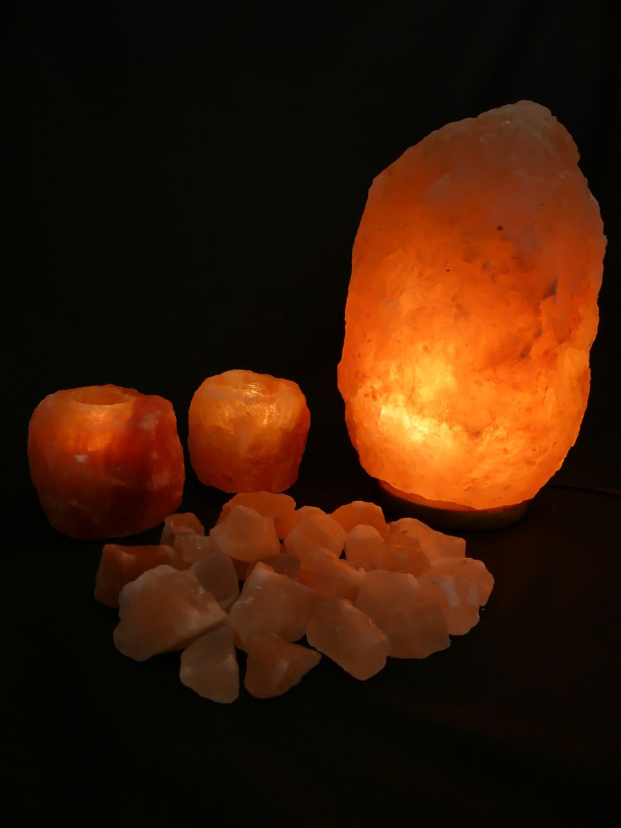 Himalaya Zoutsteen Set - Zoutlamp 10-15kg, 2x Waxinelichthouders, Brokken Badzout 1kg