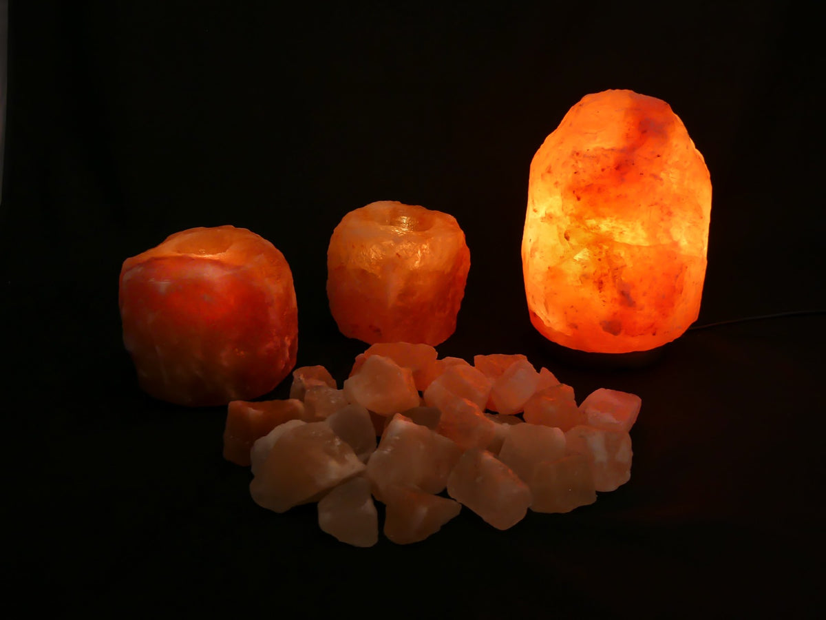 Himalaya Zoutsteen Set - Zoutlamp 2-4kg, 2x Waxinelichthouders Groot 1-1,5kg 10x8cm, Brokken Badzout 1kg