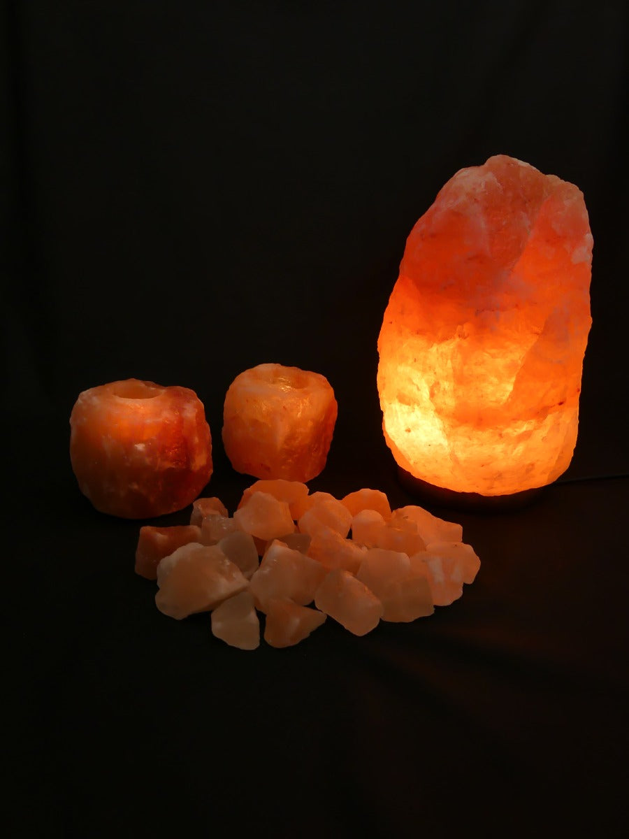 Himalaya Zoutsteen Set - Zoutlamp 8-10kg, 2x Waxinelichthouders Groot 1-1,5kg 10x8cm, Brokken Badzout 1kg
