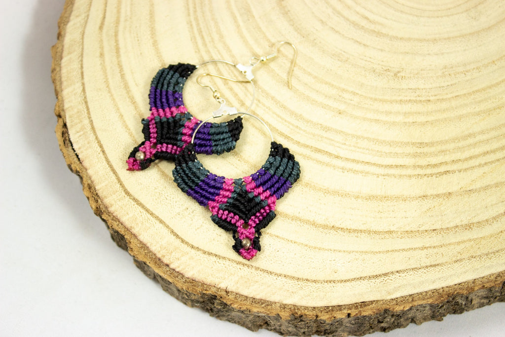 Macramé Oorhangers - Zwart/Grijs/Paars/Roze - Handgemaakt van duurzaam Waxed Polyester - Model H01