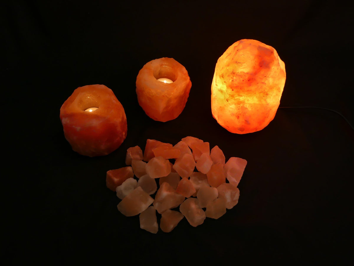 Himalaya Zoutsteen Set - Zoutlamp 2-4kg, 2x Waxinelichthouders Groot 1-1,5kg 10x8cm, Brokken Badzout 1kg