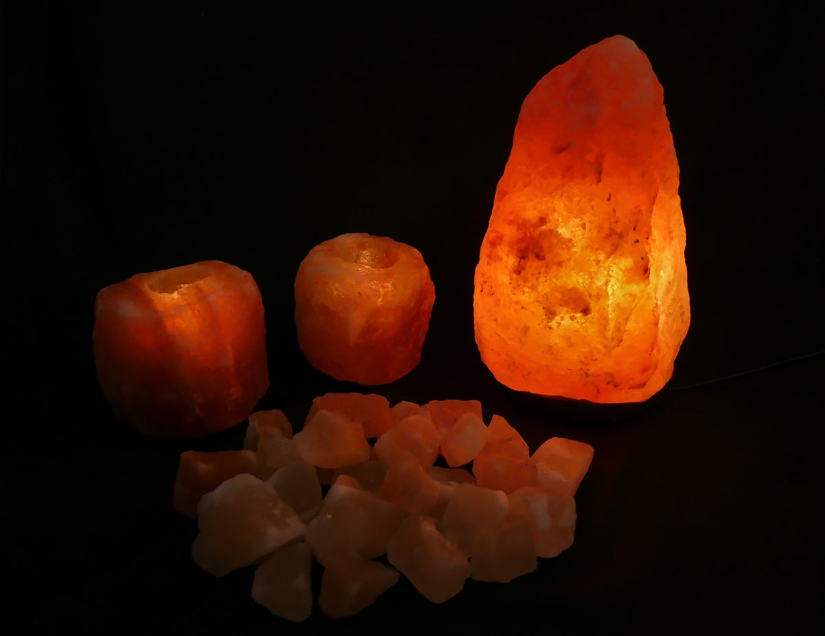 Himalaya Zoutsteen Set - Zoutlamp 4-6 kg, 2x Waxinelichthouders Groot 1-1,5kg 10x8cm, Brokken Badzout 1kg
