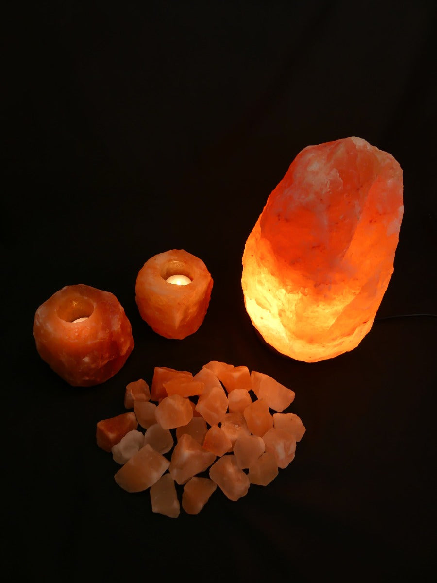 Himalaya Zoutsteen Set - Zoutlamp 8-10kg, 2x Waxinelichthouders Groot 1-1,5kg 10x8cm, Brokken Badzout 1kg